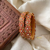 Floral Silk Thread Kundan Bangle -Red-Matt-G12241